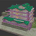 Cartoon Scene MultiStorey Building With Green Roof And Balconies Surrounded By Grass And Stone Pavement