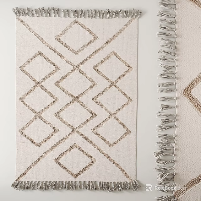 Square Rug With Diamond Geometric Pattern Neutral Beige Color And Fringe Detail 3d model 