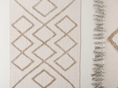 Square Rug With Diamond Geometric Pattern Neutral Beige Color And Fringe Detail 3d model