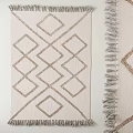 Square Rug With Diamond Geometric Pattern Neutral Beige Color And Fringe Detail