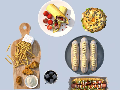 Tasty Fast Food Assortment With Fries Fried Chicken Strawberry Wrap Hot Dog And Seeded Bread 3d model