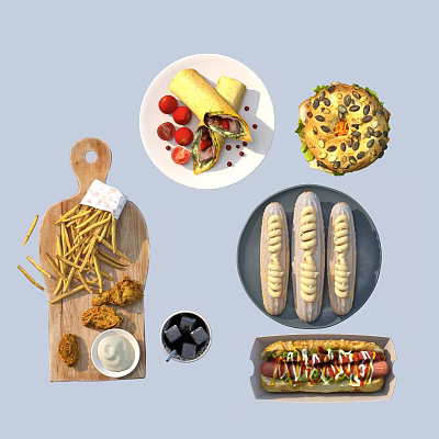 Tasty Fast Food Assortment With Fries Fried Chicken Strawberry Wrap Hot Dog And Seeded Bread 3d model