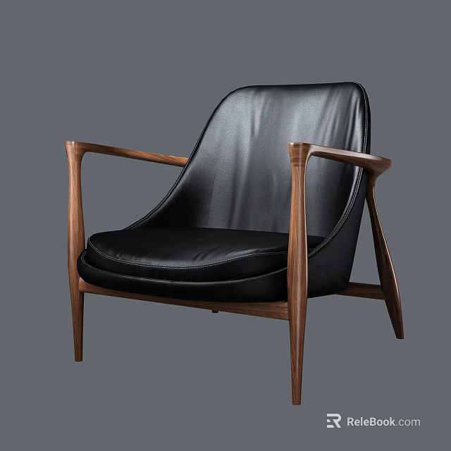 Sleek Modern Single Sofa With Black Leather Upholstery And Walnut Wood Arms 3d model 