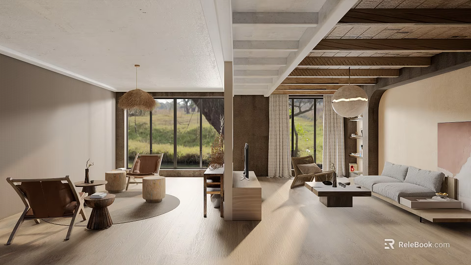 Modern Interior Open Space With Large Windows Green View And Wooden Floor 3d model 