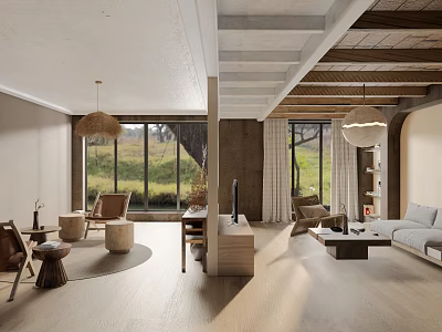 Modern Interior Open Space With Large Windows Green View And Wooden Floor 3d model