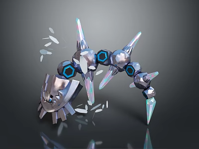 Futuristic Mechanical Game Movie Character With Silver Metallic Structure Blue Hexagonal Elements Spikes And Fragments 3d model
