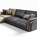 Sectional Leather Sofa In Beige Dark Gray With Pillows Throw Blanket And Side Table 3d model