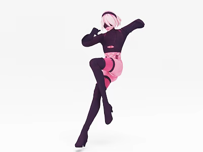 Game Female Character Wearing Black Top Pink Skirt With Headphones High Heels Dynamic Pose 3d model