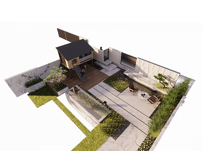 Courtyard Garden Design Featuring Stone Pathway Lawn Trees Wooden Structure And Outdoor Seating 3d model