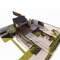 Courtyard Garden Design Featuring Stone Pathway Lawn Trees Wooden Structure And Outdoor Seating
