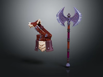 Fantasy Battle Hammer With Fur Accents And War Axe With Purple Engravings 3d model