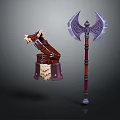 Fantasy Battle Hammer With Fur Accents And War Axe With Purple Engravings