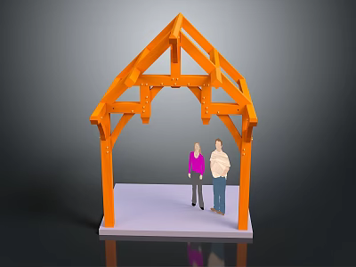 Orange Wooden Frame Structure Model Display With Two Standing Figures On Platform 3d model