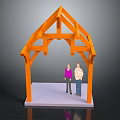 Orange Wooden Frame Structure Model Display With Two Standing Figures On Platform 3d model