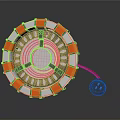 Industrial Equipment Circular Design With Blue Glowing Center Orange Modules And Wired Connection