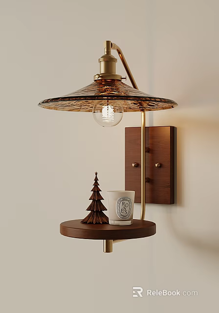 Modern Wall Lamp With Brass Frame Textured Shade Wooden Base And Small Christmas Tree Ornament 3d model 
