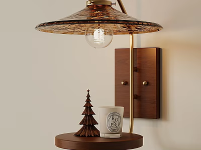 Modern Wall Lamp With Brass Frame Textured Shade Wooden Base And Small Christmas Tree Ornament 3d model