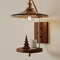 Modern Wall Lamp With Brass Frame Textured Shade Wooden Base And Small Christmas Tree Ornament