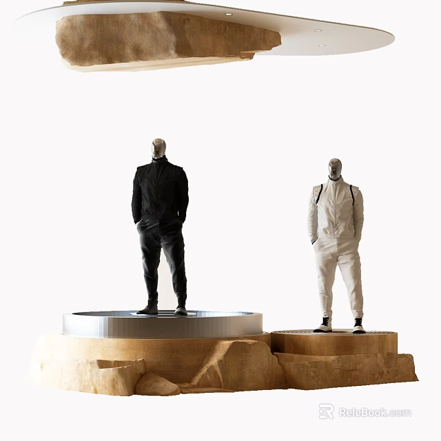 Two Fashion Models In Black And White Attire Standing On Rock Platform 3d model 
