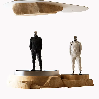 Two Fashion Models In Black And White Attire Standing On Rock Platform 3d model