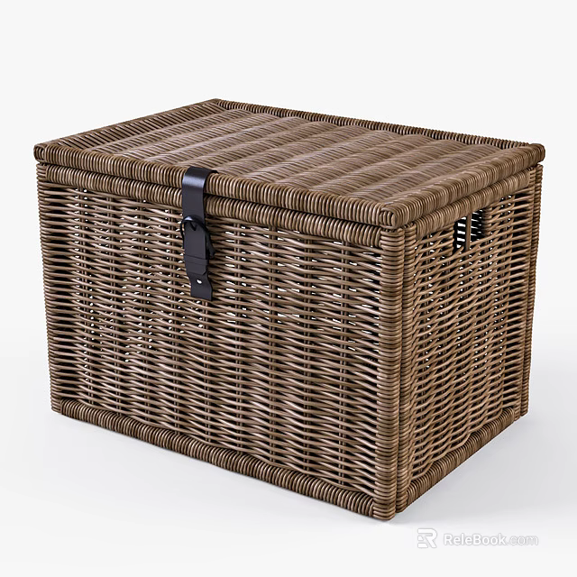 Brown Woven Rattan Storage Trunk With Leather Strap Closure For Home Organizing 3d model 