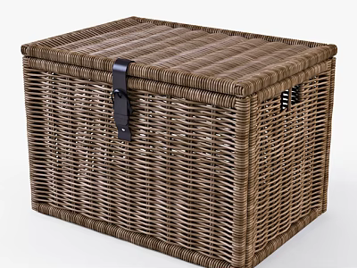 Brown Woven Rattan Storage Trunk With Leather Strap Closure For Home Organizing 3d model