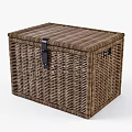 Brown Woven Rattan Storage Trunk With Leather Strap Closure For Home Organizing