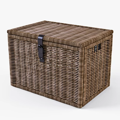 Brown Woven Rattan Storage Trunk With Leather Strap Closure For Home Organizing 3d model