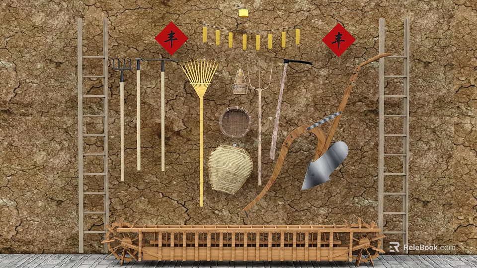 Essential Industrial Equipment Tools Featuring Ladder Bamboo Basket And Stone Wall 3d model 