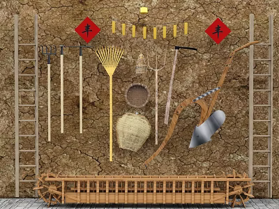 Essential Industrial Equipment Tools Featuring Ladder Bamboo Basket And Stone Wall 3d model