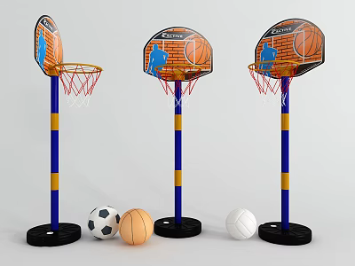 Colorful Sports Equipment With Basketball Hoops Multiple Balls Blue Yellow Poles And Black Bases 3d model