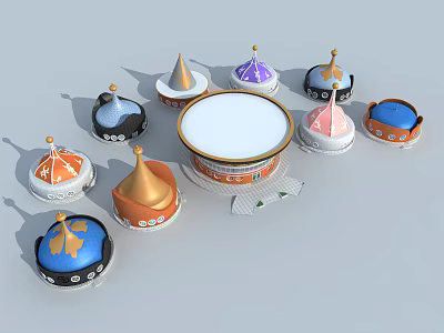 Colorful Decorative Small Towers With Spire Tops White Circular Center And Patterned Bases 3d model