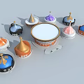 Colorful Decorative Small Towers With Spire Tops White Circular Center And Patterned Bases