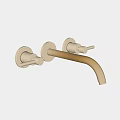 Gold Wall Mounted Faucet With Dual Handles And Curved Spout Design