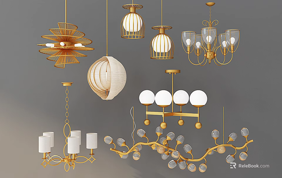Modern Gold Chandeliers with Globe Cage and Branch Shapes for Home Interior Decor 3d model 