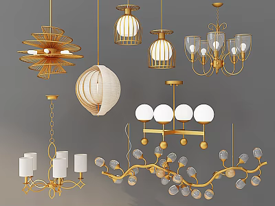 Modern Gold Chandeliers with Globe Cage and Branch Shapes for Home Interior Decor 3d model