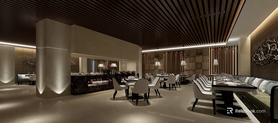 Elegant Modern Restaurant Interior With Dark Wooden Slatted Ceiling White Chairs And Round Tables 3d model 