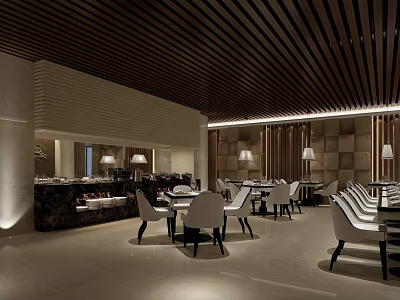 Elegant Modern Restaurant Interior With Dark Wooden Slatted Ceiling White Chairs And Round Tables 3d model