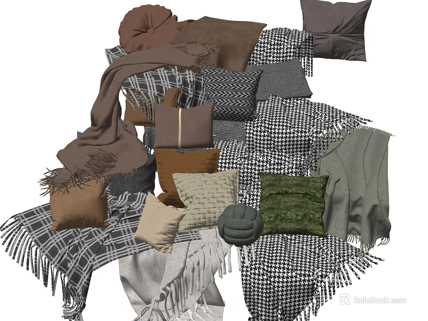 Stylish Bed Runner With Various Colors Different Materials And Decorative Pillows Blankets 3d model 
