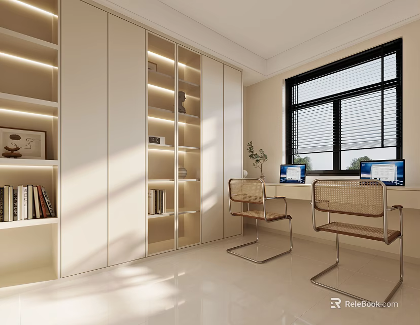 Modern Study Room Interior With Built in Shelves Wicker Chairs And Computers 3d model