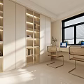 Modern Study Room Interior With Built in Shelves Wicker Chairs And Computers 3d model