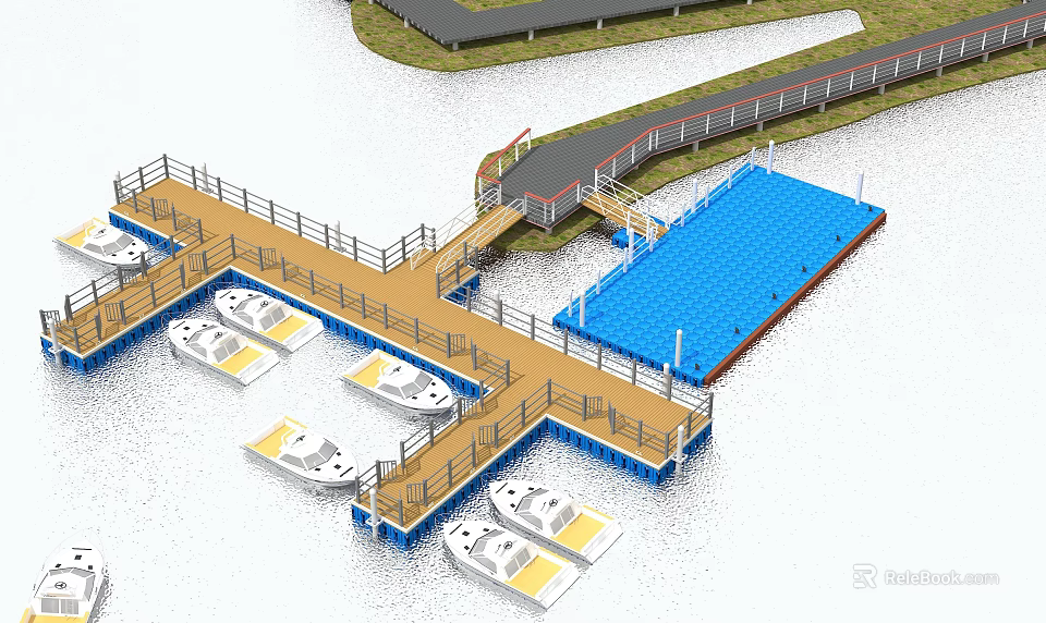 Waterfront Garden Landscape Design With Wooden Boardwalk Moored Boats And Blue Water Area 3d model 