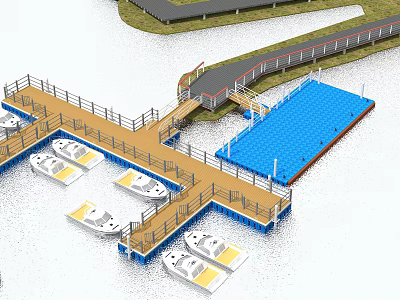 Waterfront Garden Landscape Design With Wooden Boardwalk Moored Boats And Blue Water Area 3d model
