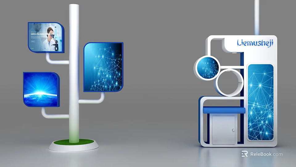 Modern Showcase Shelving With Blue Digital Screens And White Circular Frames 3d model