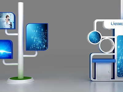 Modern Showcase Shelving With Blue Digital Screens And White Circular Frames 3d model