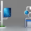 Modern Showcase Shelving With Blue Digital Screens And White Circular Frames 3d model