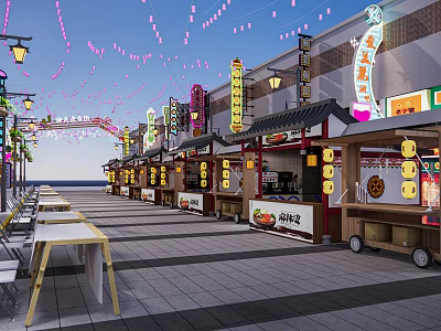 New Chinese Commercial Street, snack street, commercial block, net red market, net red booth, bazaar, neon lights 3d model