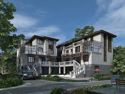 Modern Single Family Villa With Landscaped Garden Large Windows And Balconies 3d model