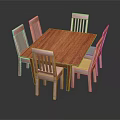 Wooden Dining Table Set with Six Slatted Back Chairs and Rectangular Wooden Tabletop 3d model