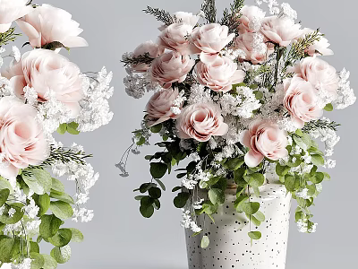 Pink Roses And White Small Flowers In White Spotted Vase With Green Leaves 3d model